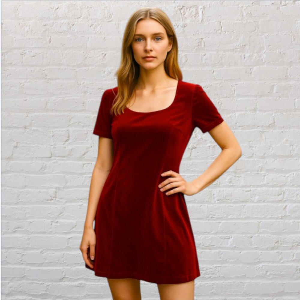 MY MICHELLE -- Red Velvet Dress, Short Sleeved, Knee Length, Christmas